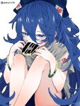  1girl absurdres bangle blue_bow blue_eyes blue_hair blue_skirt blush bow bracelet commentary deburi276 donut eating english_commentary food grey_hoodie hair_between_eyes hair_bow highres holding holding_donut holding_food hood hoodie jewelry long_hair looking_at_viewer short_sleeves simple_background skirt solo thighs touhou twitter_username very_long_hair white_background yorigami_shion 