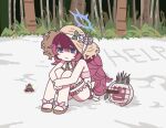  1girl bare_arms bare_shoulders bikini blue_archive blush brown_hat brown_sandals cast_away chibi closed_mouth flower frilled_bikini frills grey_eyes hair_between_eyes halo hat hat_flower help_(phrase) hugging_own_legs iroha_(blue_archive) iroha_(swimsuit)_(blue_archive) knees_up long_hair outdoors palm_tree pink_bikini purple_hair rose sandals sitting solo straw_hat swimsuit tree very_long_hair vividnatadecoco white_flower white_rose wilson_(cast_away) 
