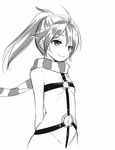  arms_behind_back greyscale monochrome scarf simple_background smile solo white_background zaxwu 