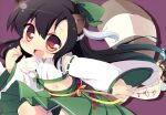  1girl :d animal animal_ears bare_shoulders black_hair blush bow cat commentary_request cowboy_shot crop_top cropped_kimono detached_sleeves double-parted_bangs draw_an_original_girl_with_all_the_traits_that_your_followers_like drop_shadow fang green_skirt hair_between_eyes hair_bow holding holding_ofuda japanese_clothes kimono long_hair long_sleeves looking_at_viewer matatabi_(nigatsu) midriff navel ofuda open_mouth original pleated_skirt purple_background raccoon_ears raccoon_girl raccoon_tail red_bow red_eyes ribbon-trimmed_sleeves ribbon_trim simple_background skirt sleeveless sleeveless_kimono smile solo tail white_kimono wide_sleeves 