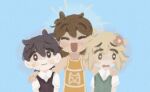  3boys alternate_eye_color antenna_hair basil_(faraway)_(omori) basil_(omori) black_eyes black_hair black_sweater_vest blonde_hair blue_background blush bright_pupils brown_hair closed_eyes closed_mouth collared_shirt commentary dark-skinned_male dark_skin double-parted_bangs english_commentary flower green_sweater_vest hair_between_eyes hair_flower hair_ornament hand_on_another's_shoulder highres kel_(faraway)_(omori) kel_(omori) male_focus ms_yuri1 multiple_boys omori open_mouth shirt short_hair short_sleeves sidelocks simple_background smile sunny_(omori) sweat sweater_vest white_pupils white_shirt 