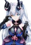  1girl 9bit absurdres bare_shoulders black_gloves black_horns blue_dress blue_eyes breasts clothing_cutout collarbone commentary crossed_bangs dress elbow_gloves gloves grey_hair hair_between_eyes half-heart_hands heterochromia highres horns large_breasts lindverne_sunbringer long_hair looking_at_viewer navel navel_cutout parted_lips simple_background smile solo upper_body white_background yellow_eyes zenless_zone_zero 