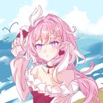  1girl beach blue_sky breasts chinese_commentary commentary_request detached_sleeves diamond-shaped_pupils diamond_(shape) earrings elf elysia_(hi_love_elf)_(honkai_impact) elysia_(honkai_impact) elysia_(summer_2026)_(honkai_impact) hair_ornament heart heart_earrings highres honkai_(series) honkai_impact_3rd jewelry long_hair medium_breasts multicolored_hair ning_m_shenmi_ren ocean official_alternate_costume one-piece_swimsuit pink_hair pointy_ears purple_eyes red_one-piece_swimsuit sky solo swimsuit symbol-shaped_pupils two-tone_hair very_long_hair white_hair 