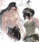  1girl 2boys avatar:_the_last_airbender avatar_aang:_the_last_airbender avatar_legends black_hair breasts burn_scar cleavage commentary english_commentary flower flower_in_mouth hair_bun highres large_pectorals long_hair lying medium_breasts multiple_boys muscular muscular_female muscular_male nikiclumsy on_stomach pectorals scar scar_on_face single_hair_bun sokka strapless the_pose toph_beifong topless_male tube_top very_long_hair zuko 