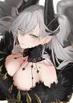  1girl bare_shoulders breasts cleavage closed_mouth demon_girl demon_horns earrings fate/grand_order fate_(series) fur-trimmed_robe fur_trim green_eyes grey_hair grey_wings hair_around_horn hair_on_horn highres horns jewelry lace-trimmed_robe large_breasts lilith_(fate) lilith_(third_ascension)_(fate) long_hair looking_at_viewer pointy_ears ri_o_ne_su robe see-through_clothes see-through_robe smile solo tattoo tattoo_between_breasts very_long_hair very_long_robe wings 