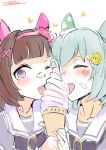  2girls animal_ears blunt_bangs blush brown_hair commentary_request ear_covers ear_flower eating flower food food_on_face green_hair hair_between_eyes hair_flower hair_ornament hairband hairclip heart holding holding_ice_cream_cone horse_ears horse_girl ice_cream ice_cream_cone ice_cream_on_face licking looking_at_viewer multiple_girls nishino_flower_(umamusume) open_mouth pink_hairband purple_eyes purple_shirt school_uniform seiun_sky_(umamusume) shirt short_hair signature single_ear_cover sinzan sketch smile soft_serve summer_uniform tongue tongue_out tracen_school_uniform umamusume white_background x_hair_ornament yuri 