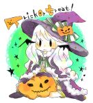  1girl :3 black_eyes blush boots cape closed_mouth commentary_request dormir_(challco) full_body fur-trimmed_cape fur_trim halloween hat high_wizard_(ragnarok_online) jack-o'-lantern long_hair pumpkin purple_boots purple_cape purple_hat ragnarok_online sitting smile solid_oval_eyes solo trick_or_treat wariza white_background white_hair witch_hat 