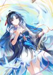  1girl absurdres ahoge black_dress black_hair blue_hair breasts closed_mouth dress green_eyes hand_up highres jacket long_hair long_sleeves looking_at_viewer medium_breasts parted_bangs smile solo tacet_mark_(wuthering_waves) white_jacket wide_sleeves wuthering_waves xinxinran09773 yangyang_(wuthering_waves) yangyang_(xuanling)_(wuthering_waves) 