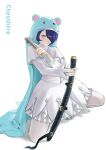  1girl animal_hood artist_name blue_eyes blue_hair blue_veil capelet chesshiire coif commentary cross-shaped_pupils digimon digimon_(creature) digimon_day dress english_commentary hair_over_one_eye highres holding holding_sheath holding_sword holding_weapon hood katana kneeling looking_at_viewer mouse_hood nun_headdress on_one_knee one_eye_covered pantyhose scabbard sheath short_dress short_hair signature simple_background sistermon_ciel solo sword symbol-shaped_pupils veil weapon white_background white_capelet white_coif white_dress white_pantyhose 