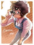  1girl adjusting_eyewear black_hair blue_overalls border brick_wall brown_background closed_mouth collared_shirt commentary_request daisukeabe fang fang_out feet_out_of_frame green_eyes hand_on_own_knee highres leaning_forward looking_at_viewer meitantei_conan outside_border overalls perspective round_eyewear sera_masumi shirt short_hair sleeves_rolled_up solo standing sunglasses white_border white_shirt 