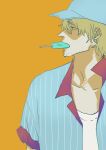  1boy bleach bleach:_sennen_kessen-hen facial_hair food food_in_mouth hat highres jacket kubo_tite lapels male_focus mouth_hold notched_lapels popsicle popsicle_in_mouth shirt short_hair short_sleeves sleeves_rolled_up solo striped_clothes striped_jacket stubble urahara_kisuke vertical-striped_clothes vertical-striped_jacket 
