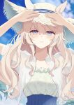  1girl animal_ears bad_id bad_twitter_id blonde_hair blue_eyes blue_sky blush breasts cloud commentary dress ear_covers ears_through_headwear hair_between_eyes hat highres horse_ears horse_girl jacket long_hair looking_at_viewer official_alternate_costume parted_lips ri_cochet single_ear_cover sky smile solo straw_hat sun_hat umamusume upper_body victoire_pisa_(umamusume) white_jacket 