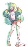  1girl absurdres animal_ears bandaid bandaid_on_knee bandaid_on_leg belt_buckle belt_collar blush breasts buckle cleavage collar commentary_request contrapposto crocs dog_ears dog_girl dog_tail droopy_ears drop_shadow fang fingernails full_body green_eyes green_hair green_nails green_tail hands_up highres jacket kemonomimi_mode korean_commentary large_breasts leash long_hair looking_at_viewer m_cream01 nail_polish navel no_pants open_clothes open_jacket open_mouth partially_unzipped purple_eyes raised_inner_eyebrows red_collar shoes simple_background skin_fang socks solo sports_bra standing stellive stomach straight_hair sweat tail very_long_hair virtual_youtuber white_socks white_sports_bra yellow_shoes yuzuha_riko zipper 