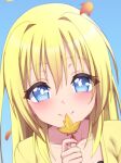  1girl alternate_hairstyle autumn autumn_leaves blonde_hair blue_eyes blush bright_pupils chitose_sana closed_mouth collarbone commentary_request day eyes_visible_through_hair hair_between_eyes hair_down hair_intakes hand_up holding holding_leaf leaf lemon_nya2 long_hair looking_at_viewer maple_leaf outdoors portrait smile solo tareme tenshinranman white_pupils 