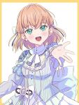  1girl :d absurdres aqua_eyes arm_up blue_dress blush commentary_request crossed_bangs dress frilled_dress frills highres hinoshita_kaho looking_at_viewer love_live! love_live!_hasu_no_sora_jogakuin_school_idol_club medium_hair myrain56991013 neck_ribbon open_mouth orange_hair otome_anthology_(love_live!) outstretched_arm ribbon smile solo teeth upper_body upper_teeth_only virtual_youtuber white_ribbon 