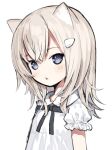  1girl animal_ear_fluff animal_ears blush brown_hair capriccio cat_ears chestnut_mouth collared_shirt commentary_request grey_eyes hair_between_eyes hair_ornament hairclip highres original parted_lips puffy_short_sleeves puffy_sleeves shirt short_sleeves simple_background solo upper_body white_background white_shirt 