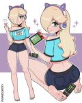  1girl absurdres alternate_costume animal_ear_headphones animal_ears artist_name barefoot blonde_hair blue_eyes blue_shirt breasts can cat_ear_headphones cat_ears commentary crop_top cropped_shirt drink_can earrings english_commentary eyelashes fake_animal_ears feet finger_heart full_body hair_over_one_eye handheld_game_console headphones heart highres holding holding_can holding_handheld_game_console jewelry long_hair looking_at_viewer luigi mario_(series) medium_breasts midriff monster_energy multiple_views nail_polish nintendo_switch pigwazowzky rosalina shirt short_shorts short_sleeves shorts single_off_shoulder smile soles star_(symbol) star_earrings super_mario_galaxy toenail_polish toenails toes weegee 