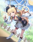  1girl :d absurdres aiguillette bent_over beret black_hat black_socks blonde_hair boots commentary conductor_baton dress epaulettes ferris_wheel gradient_hair hair_ornament hat highres holding_baton hololive hololive_dev_is hololive_dreams long_hair looking_at_viewer multicolored_hair musical_note musical_note_hair_ornament neck_ribbon nikoneko official_alternate_costume one_side_up orange_hair otonose_kanade otonose_kanade_(parade_of_smiles) red_eyes red_ribbon ribbon smile socks solo thigh_strap virtual_youtuber white_boots white_dress 