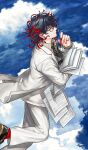  1boy above_clouds black_hair black_necktie black_shoes blazer brown_shirt cloud collared_shirt colored_pencil colored_tips commentary_request dante_alighieri_(academy_outfit)_(fate) dante_alighieri_(fate) falling_paper fate/grand_order fate_(series) feet_out_of_frame fingernails floating_clothes game_asset glasses holding holding_paper holding_pencil jacket lapels looking_at_viewer male_focus medium_hair midair multicolored_hair necktie notched_lapels official_art pants paper partial_commentary pencil red_hair red_nails red_socks shirahama_kamome shirt shoes socks solo sweater_vest third-party_source two-tone_hair white_jacket white_pants white_sweater_vest yellow_eyes 