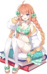  1girl :d ;d ayamy bell blonde_hair blue_archive book bow bra braid breasts center-flap_bangs choker cleavage commentary double-parted_bangs full_body gingham_bow gingham_bra gingham_panties green_bow green_bra green_panties hair_bow hair_ornament hairclip hand_up highres innertube jacket jingle_bell large_breasts long_hair looking_at_viewer low_twin_braids missing_halo neck_bell official_artist_extra on_innertube one_eye_closed open_mouth orange_hair panties parallel_hairclips plaid_bra plaid_clothes sandals shimiko_(blue_archive) side_braids simple_background sitting smile solo swim_ring thighhighs twin_braids twintails underwear untranslatable_commentary v very_long_hair white_background white_choker white_jacket white_thighhighs 