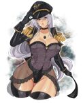  1girl black_choker black_gloves black_hat black_jacket black_lobelia black_lobelia_(cosplay) black_panties black_thighhighs blue_eyes breasts chest_jewel choker cleavage commentary corset cosplay cropped_jacket dress emily_botta english_commentary epaulettes frills gloves gradient_background grey_hair hair_between_eyes hand_on_own_hat hat heterochromia highres jacket kitagawa_marin large_breasts legs long_hair looking_to_the_side panties parted_lips peaked_cap red_eyes see-through_clothes see-through_dress showgirl_skirt simple_background smoke solo sono_bisque_doll_wa_koi_wo_suru thighhighs thighs underwear very_long_hair white_hair 