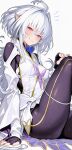  1girl absurdres ahoge black_bodysuit black_gloves blush bodysuit breasts closed_mouth commentary covered_nipples dress english_commentary fate/grand_order fate/grand_order_arcade fate_(series) fingerless_gloves fingernails gloves hair_intakes highres kamisato_sora knee_up long_hair long_sleeves looking_at_viewer merlin_(caster)_(fate/prototype) merlin_(fate/prototype) notice_lines pink_eyes pointy_ears simple_background sitting smile solo thighs white_background white_dress white_hair 