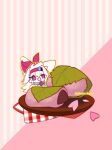  1other animal_ears artist_name bandaid blue_eyes body_fur commentary dessert food furry grey_fur hair_ornament hairband hairclip highres in_food leaf long_hair mew_mew_chikorita_moon mochi original other_focus petals pink_background sakura_mochi solo star_(symbol) striped_background sweets two-tone_background untranslatable_commentary wagashi white_fur white_hair 