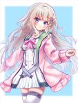  1girl 9-nine- belt blue_background blue_eyes blush border bow breasts brown_hair cardigan charcoa72170283 chest_bow closed_mouth commentary dress floating_hair gear_hair_ornament grey_belt hair_between_eyes hair_ornament hakusen_academy_school_uniform highres kujou_miyako long_hair long_sleeves looking_at_viewer medium_breasts open_cardigan open_clothes outside_border pink_bow pink_cardigan school_uniform short_dress sidelocks simple_background skindentation smile solo thighhighs very_long_hair white_border white_dress white_thighhighs wing_hair_ornament zettai_ryouiki 