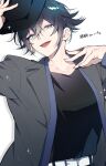  1boy 3103vv :d absurdres aqua_eyes art_trade belt belt_buckle black_hair black_hat black_shirt buckle collarbone commentary_request flipped_hair grey_jacket hair_between_eyes hands_up hat highres holding holding_unworn_clothes holding_unworn_hat jacket lapels looking_at_viewer male_focus notched_lapels open_clothes open_jacket original second-party_source shirt shirt_tucked_in short_hair sideways_glance simple_background smile solo unworn_hat unworn_headwear upper_body v-neck white_background white_belt 