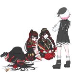  4girls armband beret black_capelet black_choker black_coat black_hair black_hat black_pantyhose black_shirt black_shoes black_skirt braid capelet choker coat commentary crossed_arms crown flower flower-trimmed_sleeves frilled_socks frills gloves gradient_hair hair_flower hair_ornament haishin_shoujo_no_uraaka_meikyuu hat hat_ribbon highres in_trouble_template_(meme) japanese_clothes kimono layered_skirt long_hair long_skirt long_sleeves mahou_shoujo_no_inshuu_mura mahou_shoujo_no_majo_saiban meme mini_crown multicolored_hair multiple_girls neck_ribbon nikaido_hiro o-ring o-ring_thigh_strap obi overskirt pantyhose pink_hair pleated_skirt red_armband red_eyes red_flower red_skirt ribbon sakuraba_ema sash shirt shoes short_hair side_capelet simple_background skirt sleeveless sleeveless_coat socks sudamasakikita tassel-trimmed_capelet thigh_strap twin_braids untranslatable_commentary white_background white_gloves white_hair white_ribbon white_shirt white_sleeves white_socks wide_sleeves 