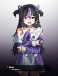  1girl absurdres belt_collar black_hair character_name child collar commentary cowboy_shot crying dress english_commentary english_text goddess_of_victory:_nikke hair_between_eyes highres jacket long_hair looking_at_viewer mole mole_under_eye multicolored_hair or30_0 purple_eyes purple_hair purple_jacket short_twintails solo stuffed_animal stuffed_rabbit stuffed_toy syuen_(nikke) syuen_(young)_(nikke) twintails white_dress 