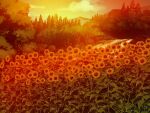  cloud evening field flower game_asset grass no_humans non-web_source official_art outdoors self-datamine sky subarashiki_hibi sunflower tree variant_set 