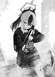  1girl assault_rifle backpack bag bare_legs blue_archive choker comiket_108 commentary_request cowboy_shot ear_ornament greyscale gun hair_between_eyes halo highres hood hoodie horns kayoko_(blue_archive) long_hair looking_at_viewer monochrome multicolored_hair plaid_clothes plaid_skirt ponytail rifle ruins sidelocks sig_mcx sig_sauer single_wing skirt solo standing tax_(zeita_gundam) two-tone_hair weapon wings 