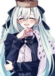  1girl 710_ao absurdres black_bow black_cloak black_jacket black_skirt blush bow braid breasts cloak closed_eyes collared_shirt cropped_jacket crown fate/grand_order fate_(series) fur-trimmed_cloak fur_trim grey_hair hair_bow highres jacket long_hair long_sleeves medium_breasts morgan_le_fay_(academy_outfit)_(fate) morgan_le_fay_(fate) neck_ribbon open_mouth ribbon shirt sidelocks skirt smile solo very_long_hair white_shirt 