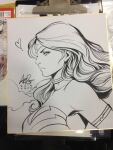  1girl armlet breasts choker closed_mouth commentary dc_comics english_commentary from_side jewelry lineart long_hair marker_(medium) monochrome photo_(medium) shikishi signature sketch solo stanley_lau tiara traditional_media wonder_woman wonder_woman_(series) 