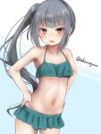  1girl akino_shuu bare_arms bare_shoulders bikini black_ribbon blue_background blush brown_eyes collarbone commentary cowboy_shot green_bikini grey_hair hair_ribbon hand_on_own_hip kantai_collection kasumi_(kancolle) kasumi_kai_ni_(kancolle) kasumi_kai_ni_(swimsuit)_(kancolle) looking_at_viewer navel open_mouth ribbon side_ponytail small_sweatdrop solo sweat swimsuit twitter_username two-tone_background white_background 