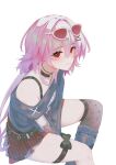  1girl absurdres bare_shoulders black_choker black_shirt bra_strap choker commentary_request cosplay evernight_(honkai:_star_rail) eyewear_on_head fishnet_skirt hair_ornament hairclip highres honkai:_star_rail honkai_(series) jewelry long_hair march_7th_(honkai:_star_rail) memeiradesuyo necklace off-shoulder_shirt off_shoulder pink_hair red_eyes shirt single_leg_warmer sitting solo sparkle_(honkai:_star_rail) sparxie_(candy-coated_waves)_(honkai:_star_rail) sparxie_(candy-coated_waves)_(honkai:_star_rail)_(cosplay) sparxie_(honkai:_star_rail) sparxie_(honkai:_star_rail)_(cosplay) stuffed_animal stuffed_toy sunglasses teddy_bear thigh_strap 