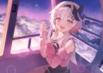  1girl bare_shoulders black_hairband black_ribbon black_skirt blurry blurry_background book_off bow_hairband d: detached_sleeves dress fang ferris_wheel gradient_hair hair_ornament hairband hairclip long_sleeves looking_at_viewer mahou_shoujo_no_majo_saiban multicolored_hair neck_ribbon official_alternate_costume open_mouth outdoors pink_dress pink_eyes pink_hair pinkisangel purple_sky ribbon sakuraba_ema short_hair skirt sky sleeveless sleeveless_dress smile solo white_hair x_hair_ornament 