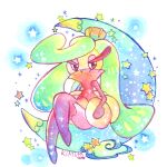  commentary_request full_body greenaokimi highres no_humans on_crescent painting_(medium) pink_eyes pokemon pokemon_(creature) signature sitting solo star_(symbol) traditional_media tsareena watercolor_(medium) 
