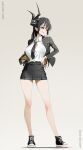  1girl absurdres alternate_costume behemoth_(nikke) black_hair black_horns black_jacket black_necktie black_skirt breasts bucho_sama collared_shirt commentary english_commentary full_body goddess_of_victory:_nikke grey_background highres horns jacket large_breasts long_hair necktie red_eyes school_uniform shirt sidelocks skirt smile solo standing thighs white_shirt 