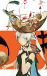  1girl aqua_cape aqua_hair arcane_(arknights) arknights arknights:_endfield bare_shoulders black_cape black_dress blue_eyes cape closed_mouth commentary dress facial_mark forehead_mark hand_on_own_chest highres holding kuto_(kuroto) long_hair looking_at_viewer multicolored_cape object_on_head sleeveless solo two-tone_cape upper_body 