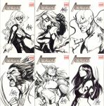  3boys 3girls beard black_cat_(marvel) black_mask breasts cape catsuit clenched_hand clenched_teeth closed_mouth commentary cover_sketch daredevil daredevil_(series) domino_mask elbow_gloves english_commentary eye_mask facial_hair from_side fur_trim gloves hammer helmet highres holding holding_weapon large_breasts leotard long_hair marker_(medium) marvel mask midriff mjolnir_(marvel) ms._marvel_(carol_danvers) multiple_boys multiple_girls muscular muscular_male parted_lips photo_(medium) signature sports_bra stanley_lau teeth thor_(marvel) thor_(marvel)_(series) traditional_media weapon winged_helmet wolverine_(x-men) x-23 x-men 