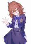  1girl ahoge blazer blue_bow bow bowtie commentary_request fate/grand_order fate_(series) fomnant fujimaru_ritsuka_(female) fujimaru_ritsuka_(female)_(chaldea_academy_school_uniform) highres jacket long_sleeves looking_at_viewer official_alternate_costume orange_eyes orange_hair shirt skirt smile solo star_ornament waving 