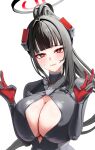  1girl absurdres black_bodysuit black_hair black_halo blue_archive bodysuit breasts center_opening cleavage closed_mouth commentary double_v draw_hyun frown full_cleavage halo highres huge_breasts long_hair looking_at_viewer official_alternate_costume ponytail red_eyes red_halo rio_(armed)_(blue_archive) rio_(blue_archive) simple_background solo sweat upper_body v white_background 