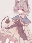  1girl animal_ears basket capelet closed_mouth collared_dress commentary_request crystal dress frilled_capelet frilled_sleeves frills grey_capelet grey_hair highres holding holding_basket holding_with_tail jewelry layered_dress light_smile long_sleeves looking_at_animal mouse_(animal) mouse_ears mouse_tail multicolored_dress nazrin necklace pendant prehensile_tail red_eyes roamu_65 simple_background solo tail touhou 