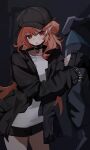  1girl 1other absurdres arknights baseball_cap black_choker black_hat black_jacket black_shorts blush choker clinging doctor_(arknights) glasses haruka_(arknights) haruka_(casual)_(arknights) hat highres jacket lastmatch500 locked_arms long_hair long_sleeves looking_at_viewer mask night official_alternate_costume open_clothes open_jacket open_mouth orange_hair pointy_ears round_eyewear shirt shorts small_sweatdrop upper_body white_shirt 