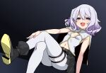  1girl absurdres boots breasts capelet cleavage_cutout clothing_cutout commentary_request fang highres kyouraku_(maorisu_henkyo_haku) looking_at_viewer maorisu_henkyo_haku navel open_mouth original pantyhose purple_eyes purple_hair short_hair sitting skindentation skirt small_breasts smile smug solo thigh_strap thighs white_pantyhose 