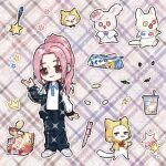  1girl :3 ^_^ ahoge animal artist_request asymmetrical_sleeves bag_of_chips baggy_pants black_jacket black_pants bow bowtie brown_background brown_eyes bubble_tea cat chinese_commentary chips_(food) cloak closed_eyes closed_mouth clothed_animal collared_shirt commentary_request commission contrast_collar cup deformed disposable_cup drinking_straw ear_covers food half-closed_eyes happy head_only hexagram high_ponytail highres hood hood_up hooded_cloak jacket jewelry long_hair long_sleeves mismatched_sleeves momo_(nikki) multiple_views nikki_(nikki) nikki_(series) open_clothes open_jacket open_mouth outline outstretched_hand pants pass_every_exam_(shining_nikki) pen pencil_case pendant pink_hair plaid_background ponytail potato_chips puffy_long_sleeves puffy_sleeves rabbit red_bow red_bowtie sample_watermark second-party_source shining_nikki shirt shoes smile sneakers sparkle standing star_(symbol) sweatpants too_many_watermarks track_jacket very_long_hair watermark watermark_grid whiskers white_cat white_outline white_shirt white_shoes white_sleeves yellow_cloak 