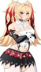  1girl absurdres bare_shoulders black_skirt blonde_hair blush breasts claret_flint closed_mouth commentary cowboy_shot crossed_arms detached_sleeves hair_ornament highres large_breasts long_hair looking_at_viewer mole mole_under_eye multicolored_hair navel obosounds red_eyes red_hair red_streaks simple_background skirt solo sphere_hair_ornament star-shaped_pupils star_(symbol) streaked_hair symbol-shaped_pupils thighhighs twintails white_background white_thighhighs zenless_zone_zero 