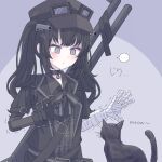  ... 1girl ammunition_pouch arm_belt asymmetrical_gloves bandaged_arm bandaged_hand bandages black_cat black_choker black_coat black_dress black_gloves black_hair black_hat black_ribbon blue_background cat choker closed_mouth coat collared_dress commentary_request dress gloves goggles goggles_on_headwear grey_eyes gun hair_ornament hat highres kurobe_nanoka long_hair mahou_shoujo_no_majo_saiban neck_ribbon nervous_sweating plaid_clothes plaid_dress pouch ribbon rifle solo spoken_ellipsis sweat tkugane twintails weapon 